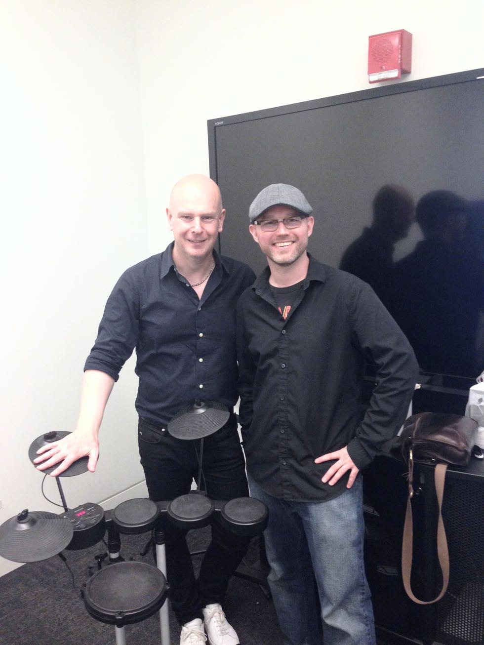 Philip Selway and David Porteous with the donated drum kit