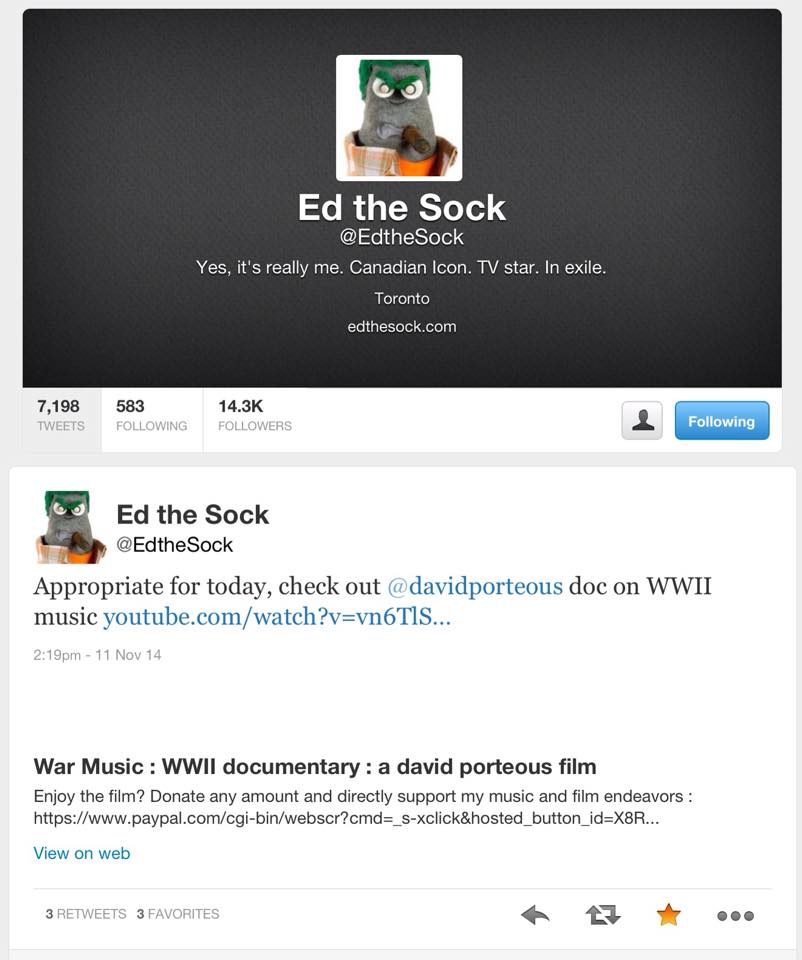Ed the Sock sharing War Music