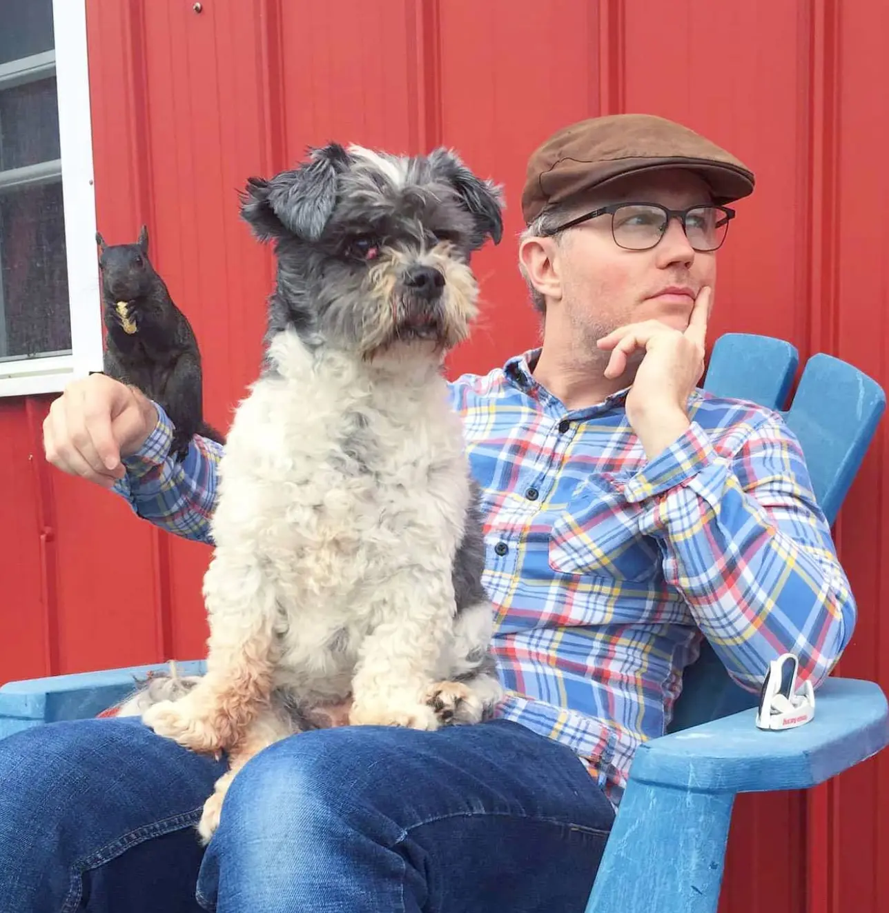 David Porteous — Taking a break from recording, with Music Producer Oreo and nutty squirrel audio engineer Sunflower - Northumberland, Ontario (2021)